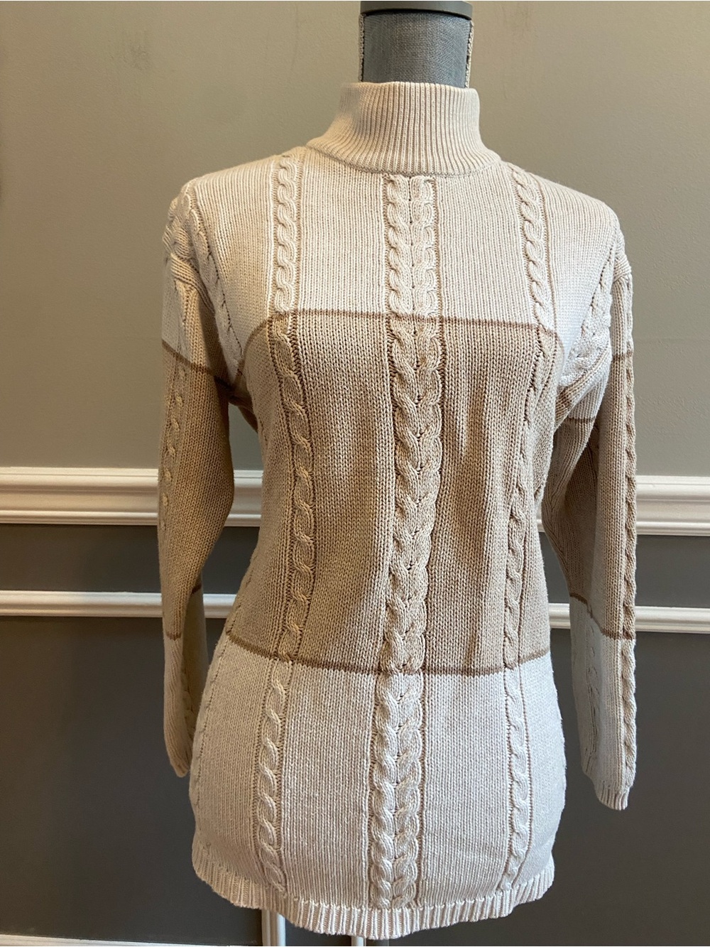 Vintage Jeanne Pierre Neutral Colorblock Cable Knit Turtleneck Sweater Size M